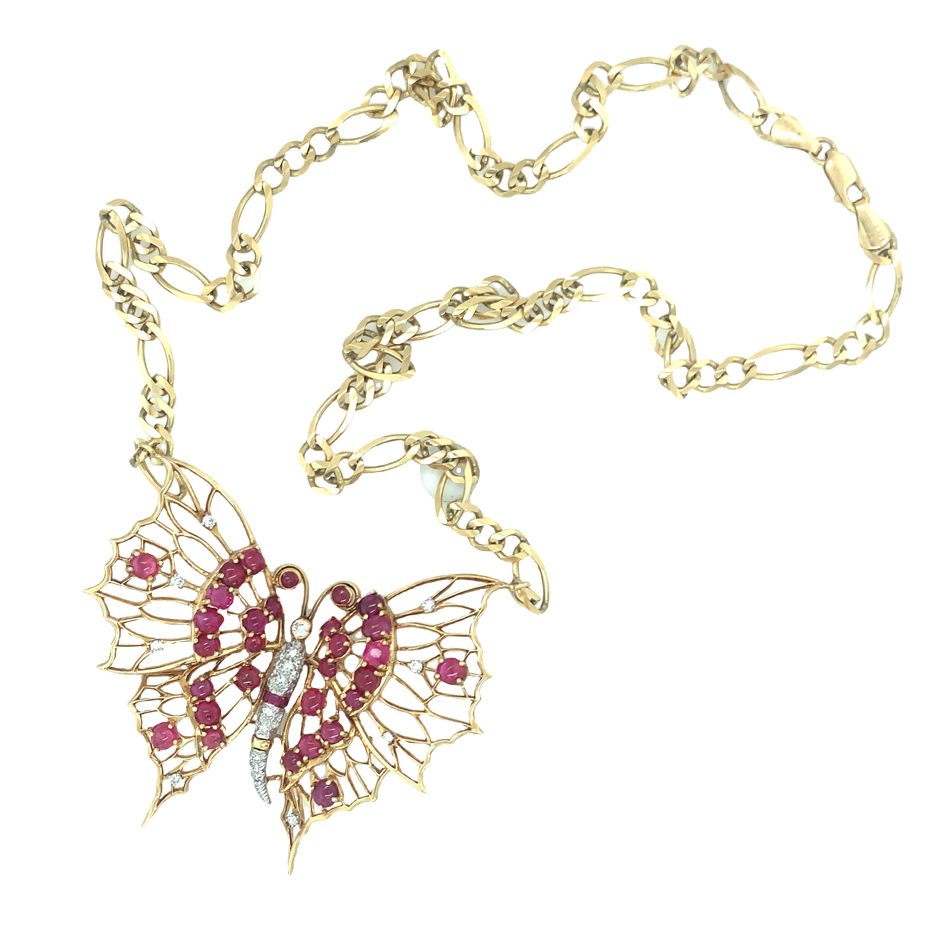 Retro Ruby and Diamond Yellow Gold Butterfly Pendant / Necklace
