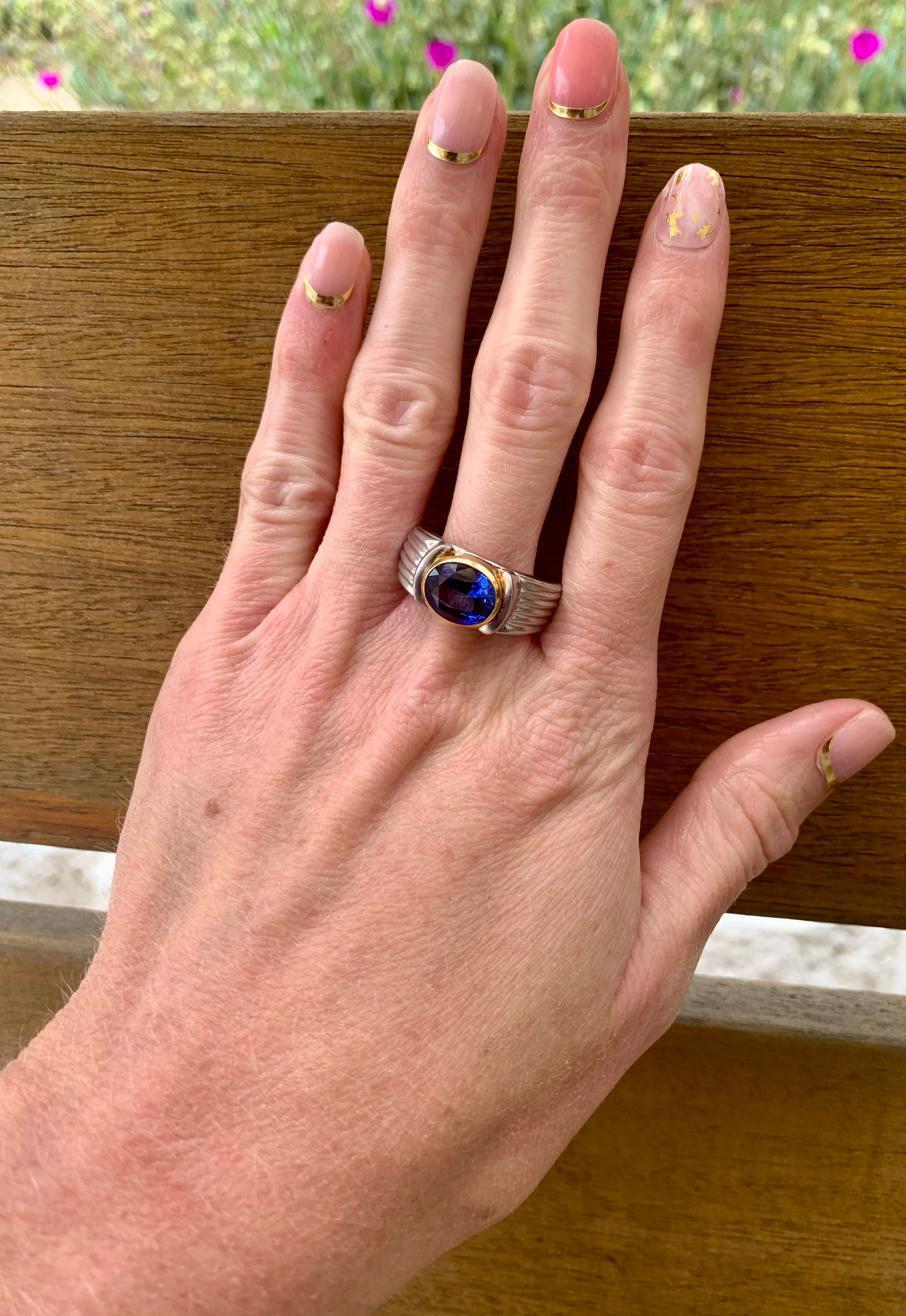 Sapphire Platinum and Yellow Gold Ring, circa 1990s