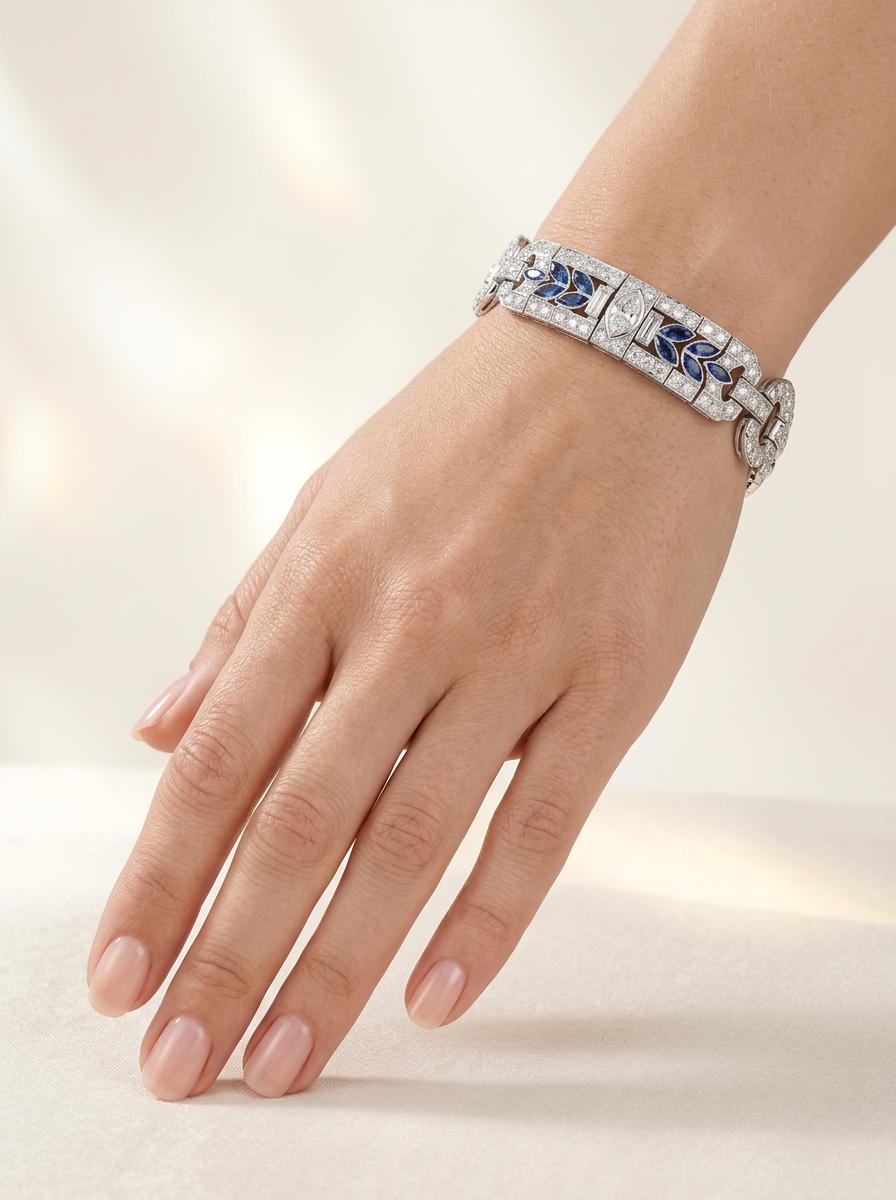Art Deco Waslikoff & Sons Diamond and Sapphire Platinum Bracelet, Circa 1925