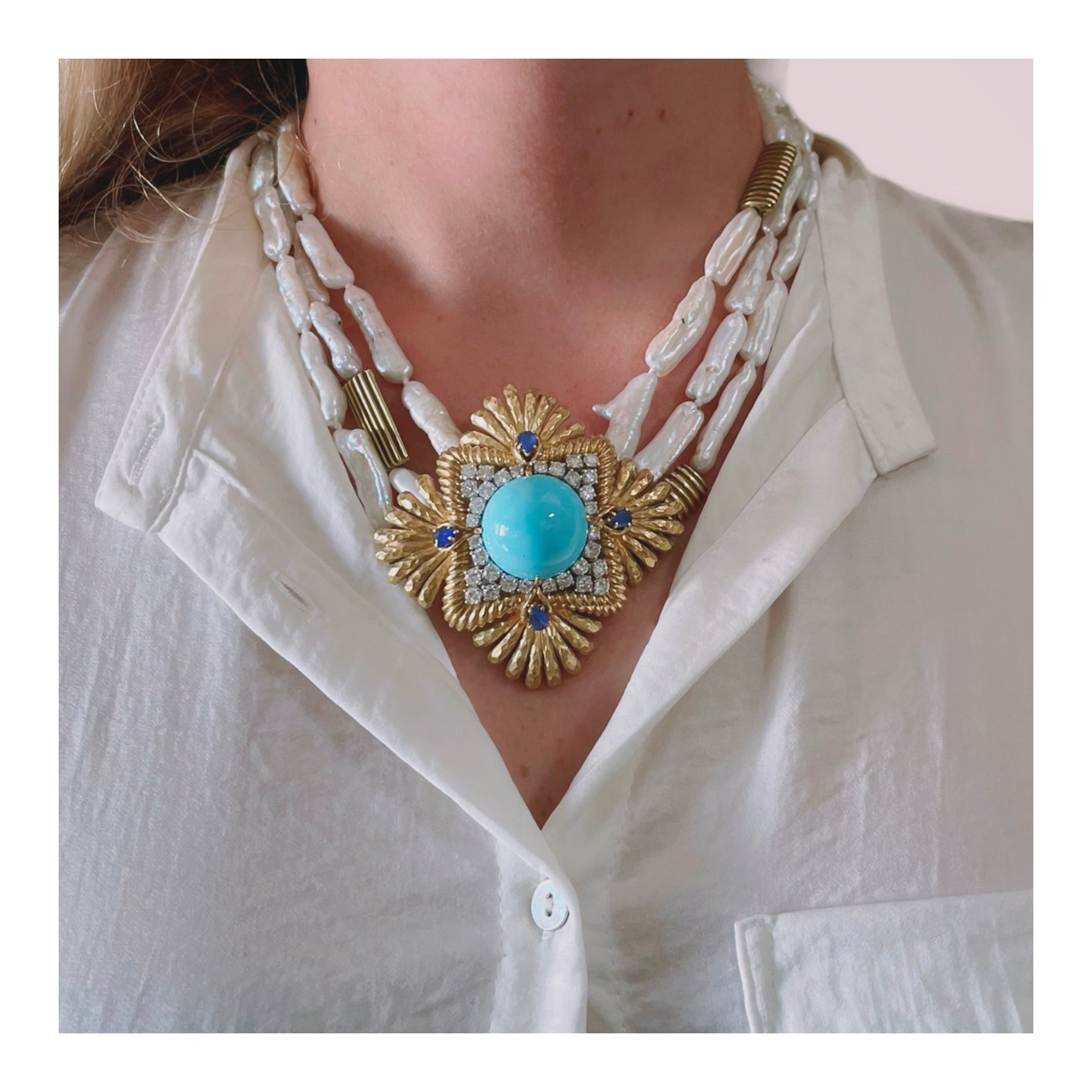 Turquoise, Diamond, Sapphire and Pearl 18K Gold Pendant / Brooch