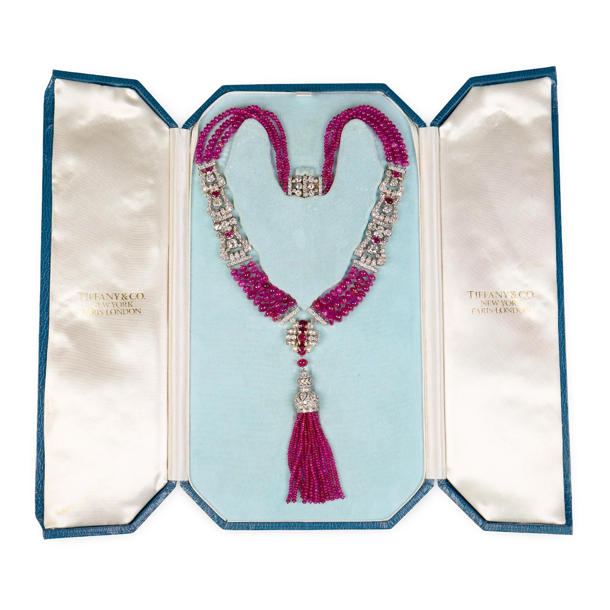 Diamond and Ruby Bead Tassle Necklace by Tiffany & Co., Art Deco, Circa 1935