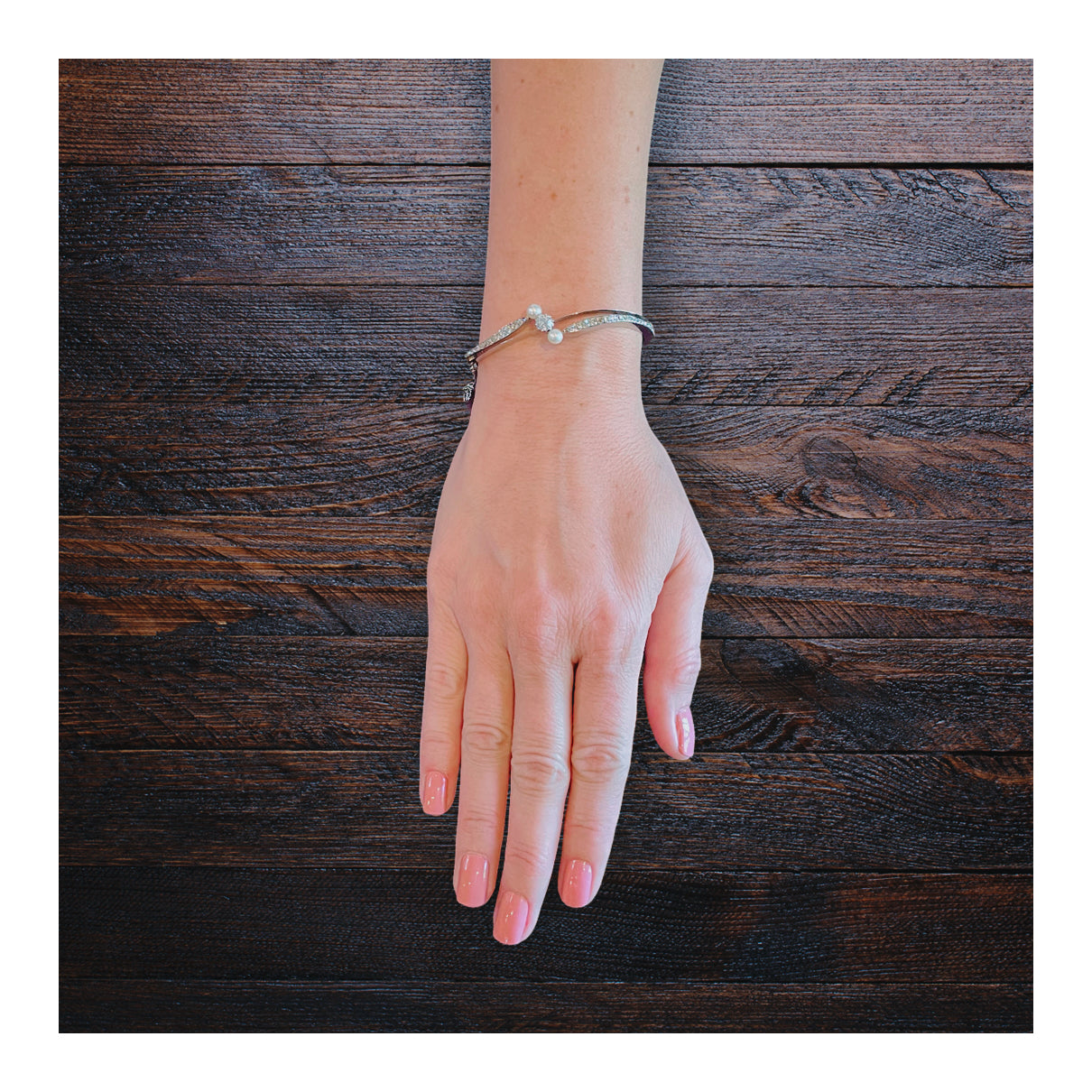 Victorian 14K White Gold Diamond and Pearl Bangle