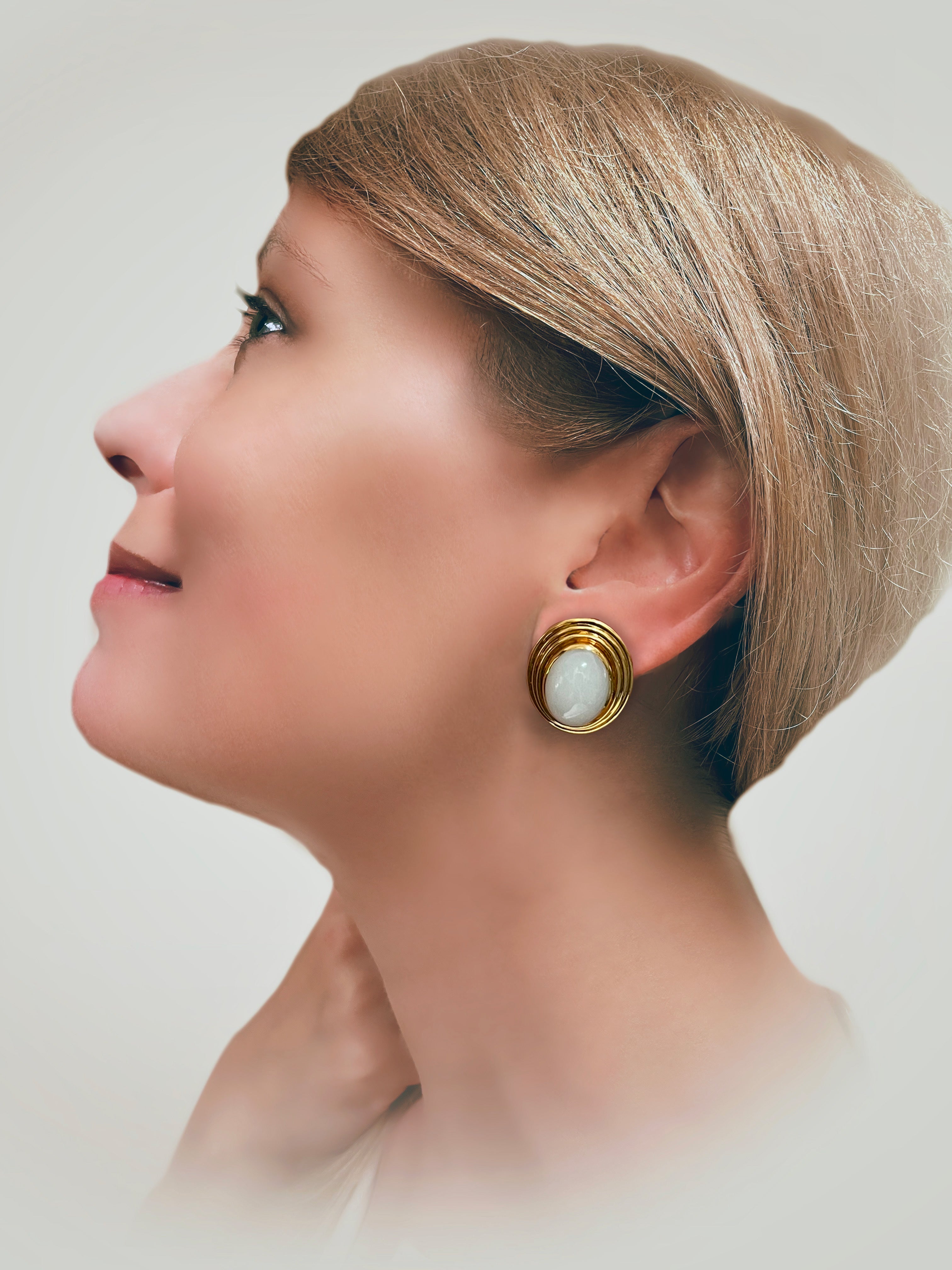 White Jadeite Jade 18K Gold Earclips by Gumps