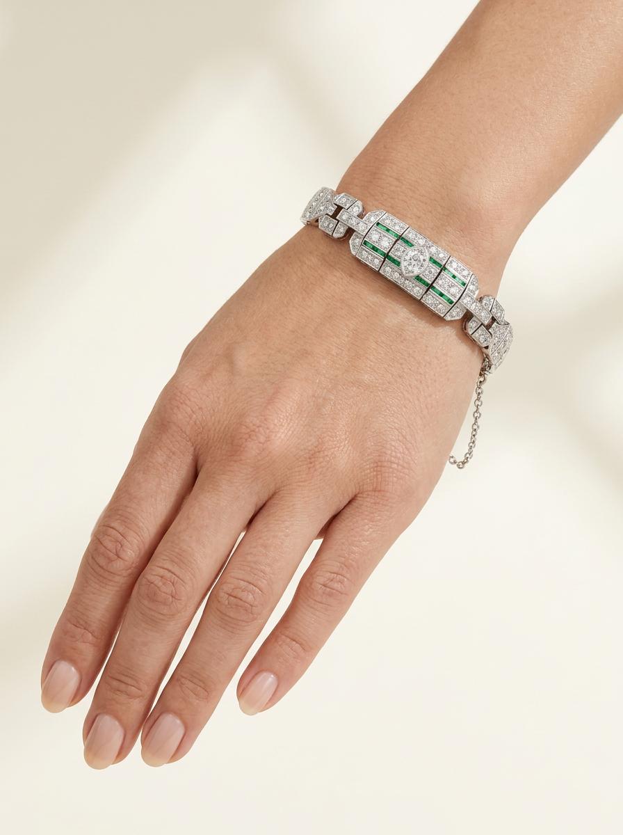 Art Deco Platinum Diamond & Emerald Bracelet, 7ct, 173 Diamonds, 1920s