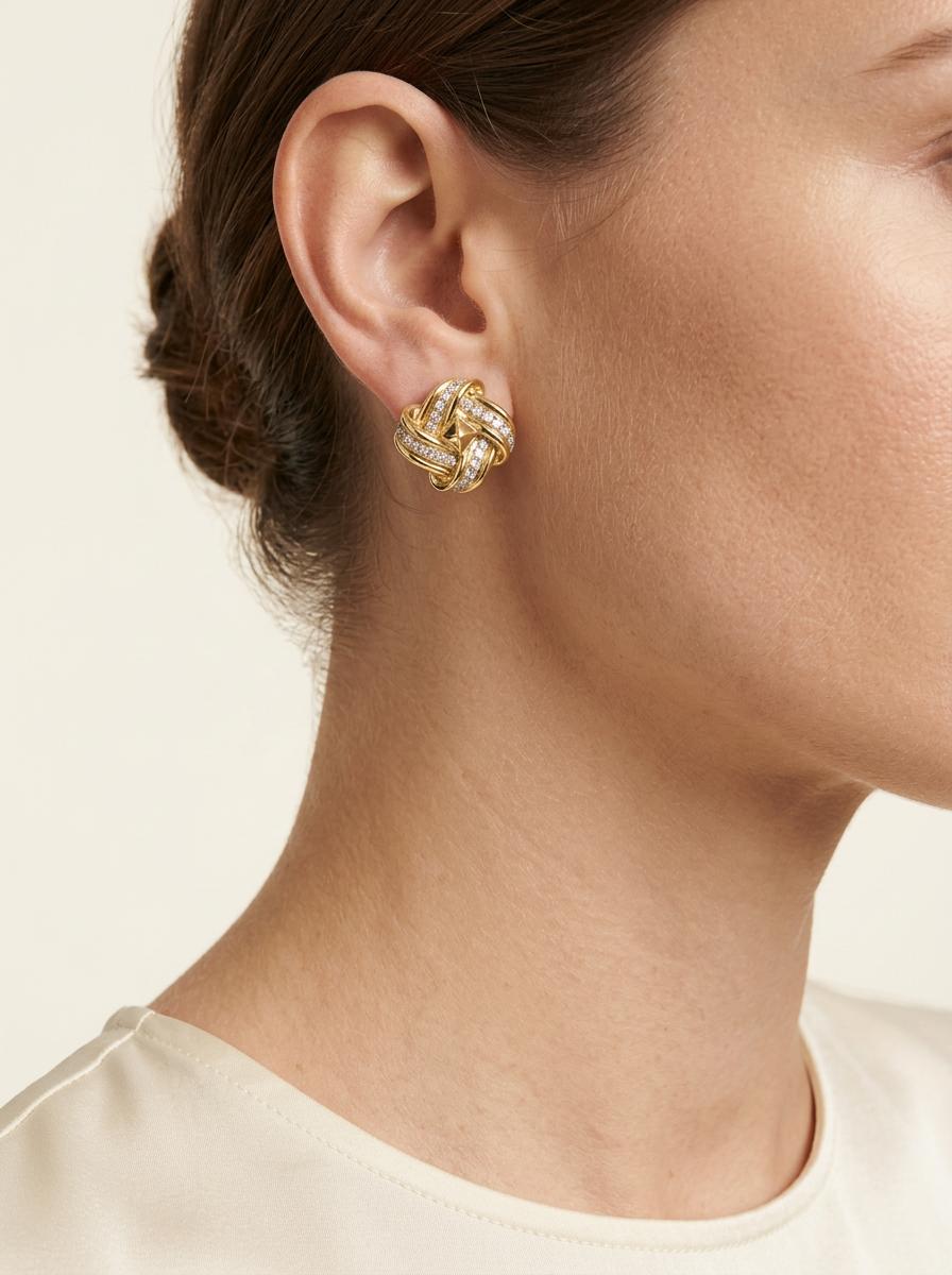 1960s Diamond Knot Earclips, 2.25 Carats, 18K Yellow Gold
