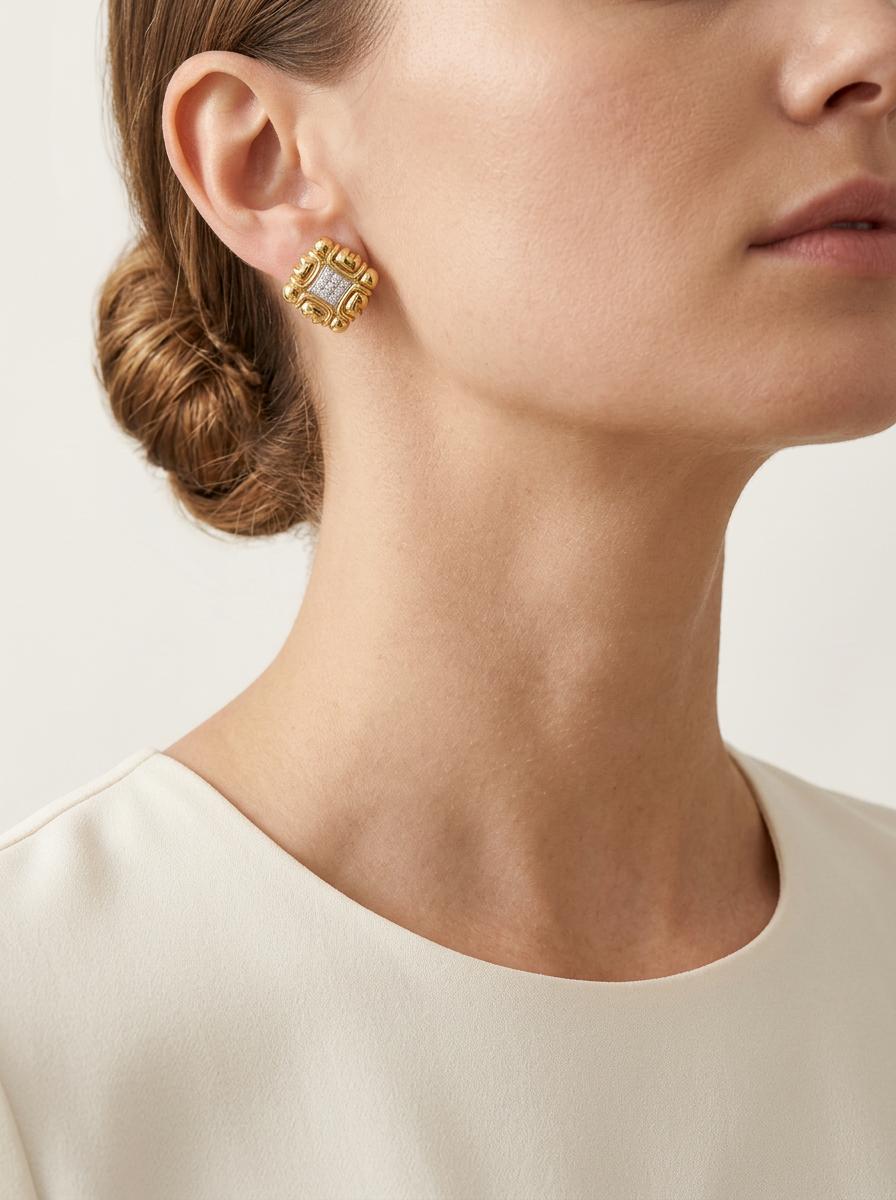Fluted 18K Gold Diamond Earclips, Circa 1970s