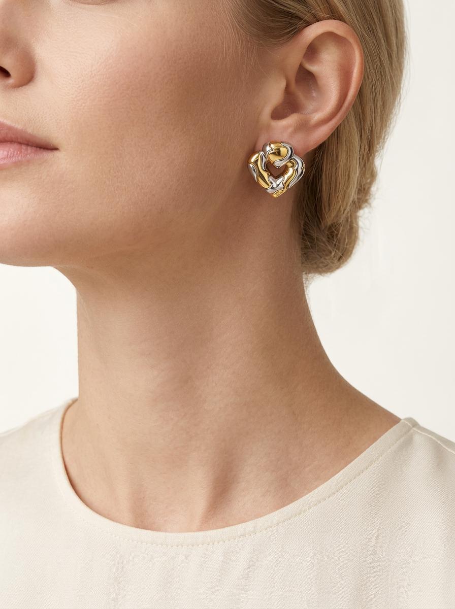 Marina B Two-Tone Gold and Steel Heart Earclips, circa 1980s