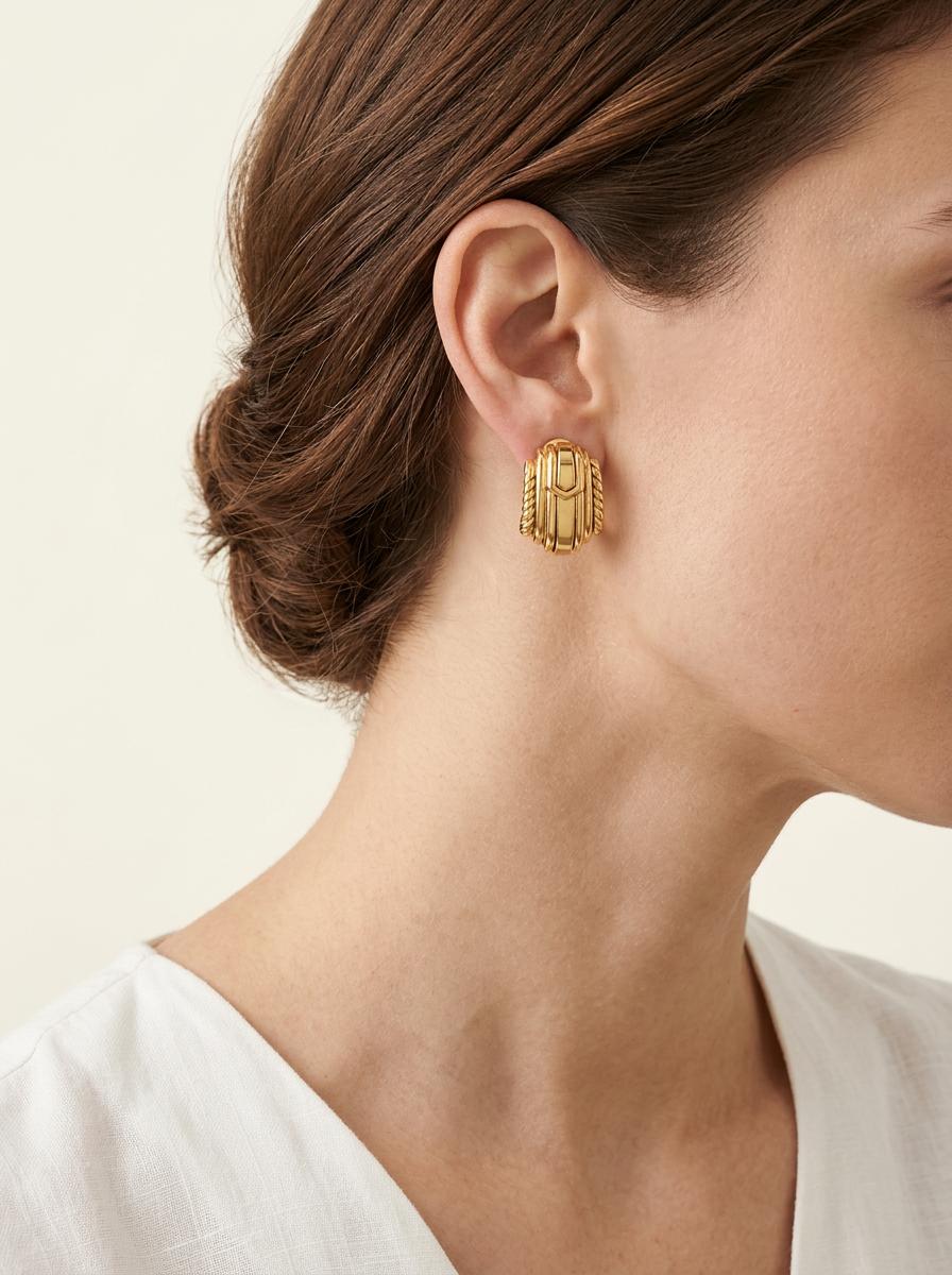 David Webb Stepped Fan Motif 18K Gold Earclips, circa 1970s