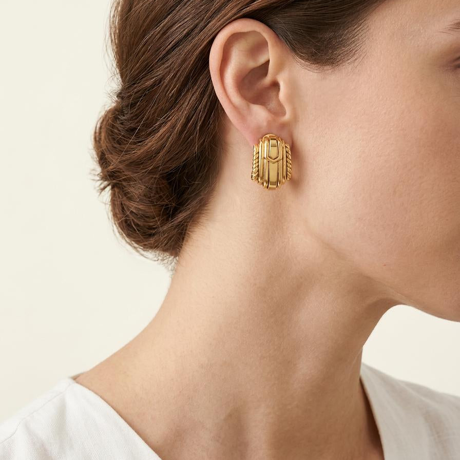David Webb Stepped Fan Motif 18K Gold Earclips, circa 1970s