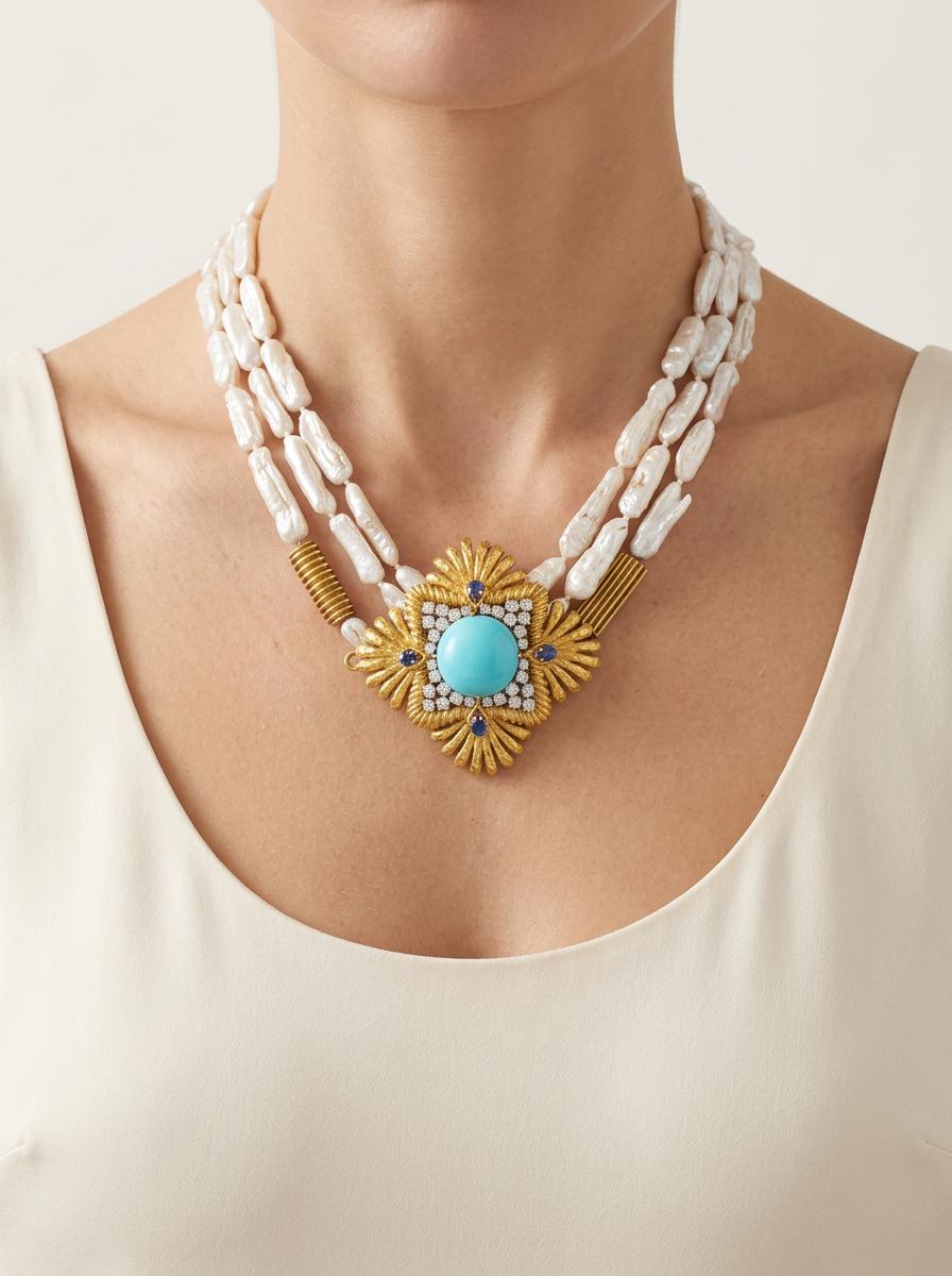Turquoise, Diamond, Sapphire and Baroque Pearl 18K Gold Pendant/Brooch Necklace,