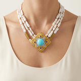 Turquoise, Diamond, Sapphire and Baroque Pearl 18K Gold Pendant/Brooch Necklace,