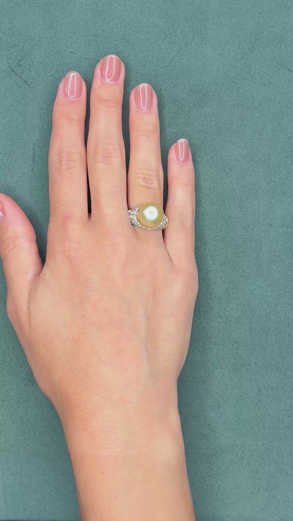 South Sea Golden Pearl and 1.5ct Diamond 18K Gold Ring, 13mm, Circa 1970s