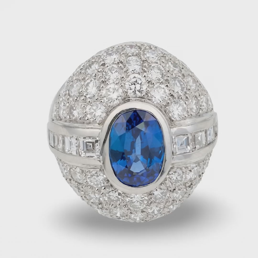 1980s 3.5ct Sapphire and 6.5ct Diamond Platinum Bombe Ring