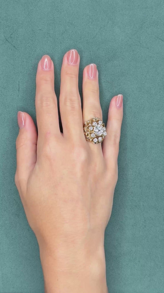 Diamond Cluster Ring in 14K Gold Nugget-Style Mount, 2.94ct Center Diamond, Circa 1960s