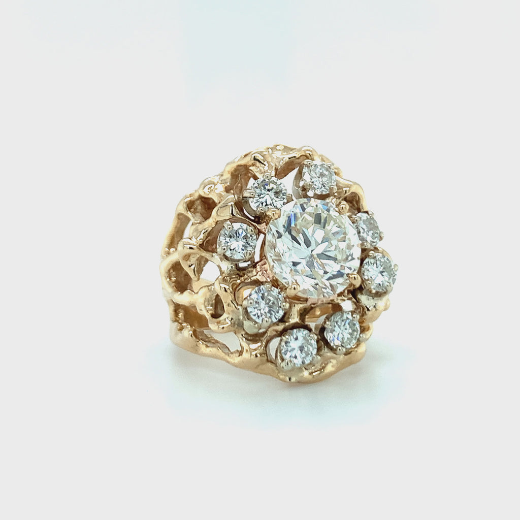 Diamond Cluster Ring in 14K Gold Nugget-Style Mount, Circa 1960s, 2.94ct Center