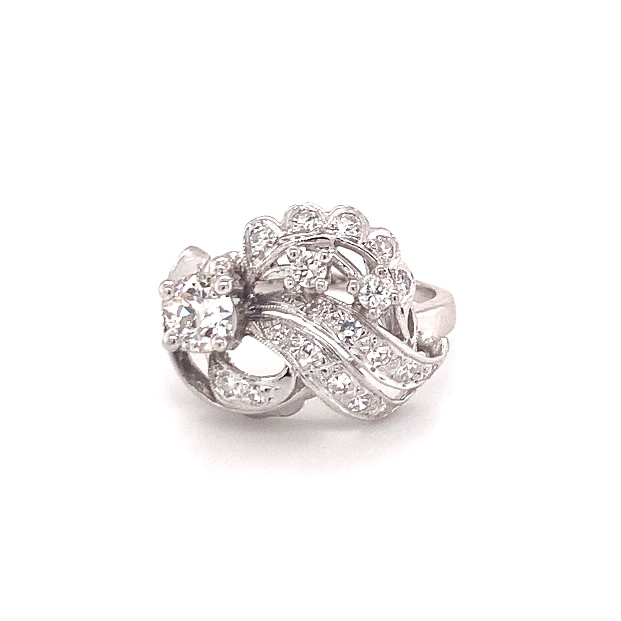 Mid-Century Diamond Cluster 14K White Gold Ring, Old European Cut, circa 1950s