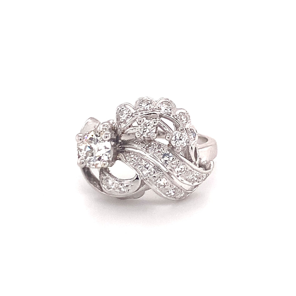 Mid-Century Diamond Cluster 14K White Gold Ring, Old European Cut, circa 1950s