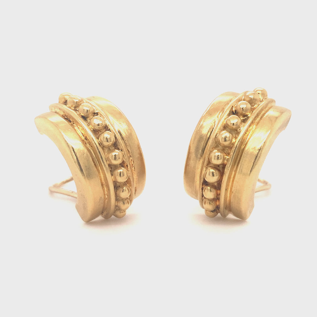 Vintage 18K Yellow Gold Half-Hoop Earclips with Beadwork, Circa 1960s