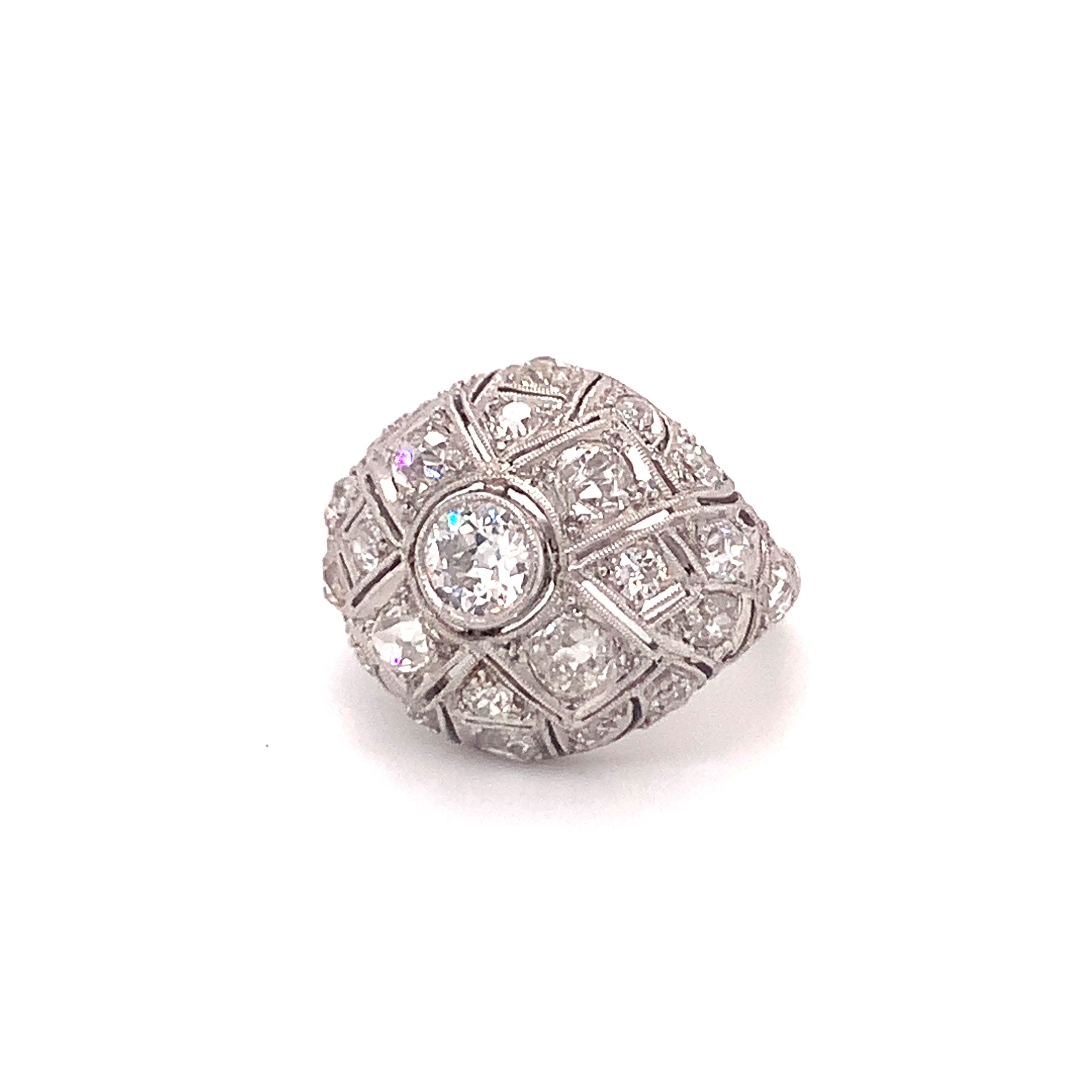 Art Deco Diamond Bombe Platinum Ring, 3 Carats, Circa 1920s