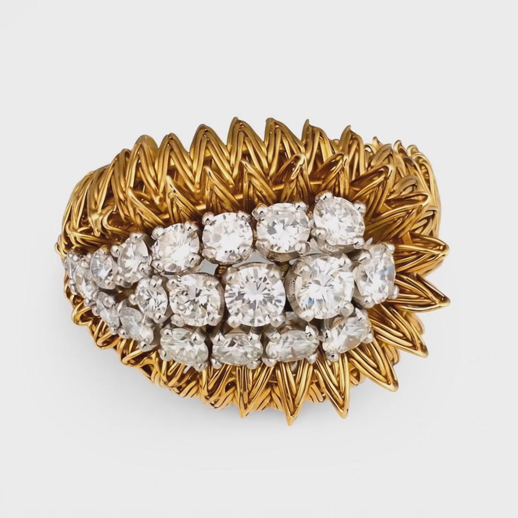 French 1960s 1.8ct Diamond Sea Urchin Cluster Ring, 18K Yellow Gold Wire Spike Design