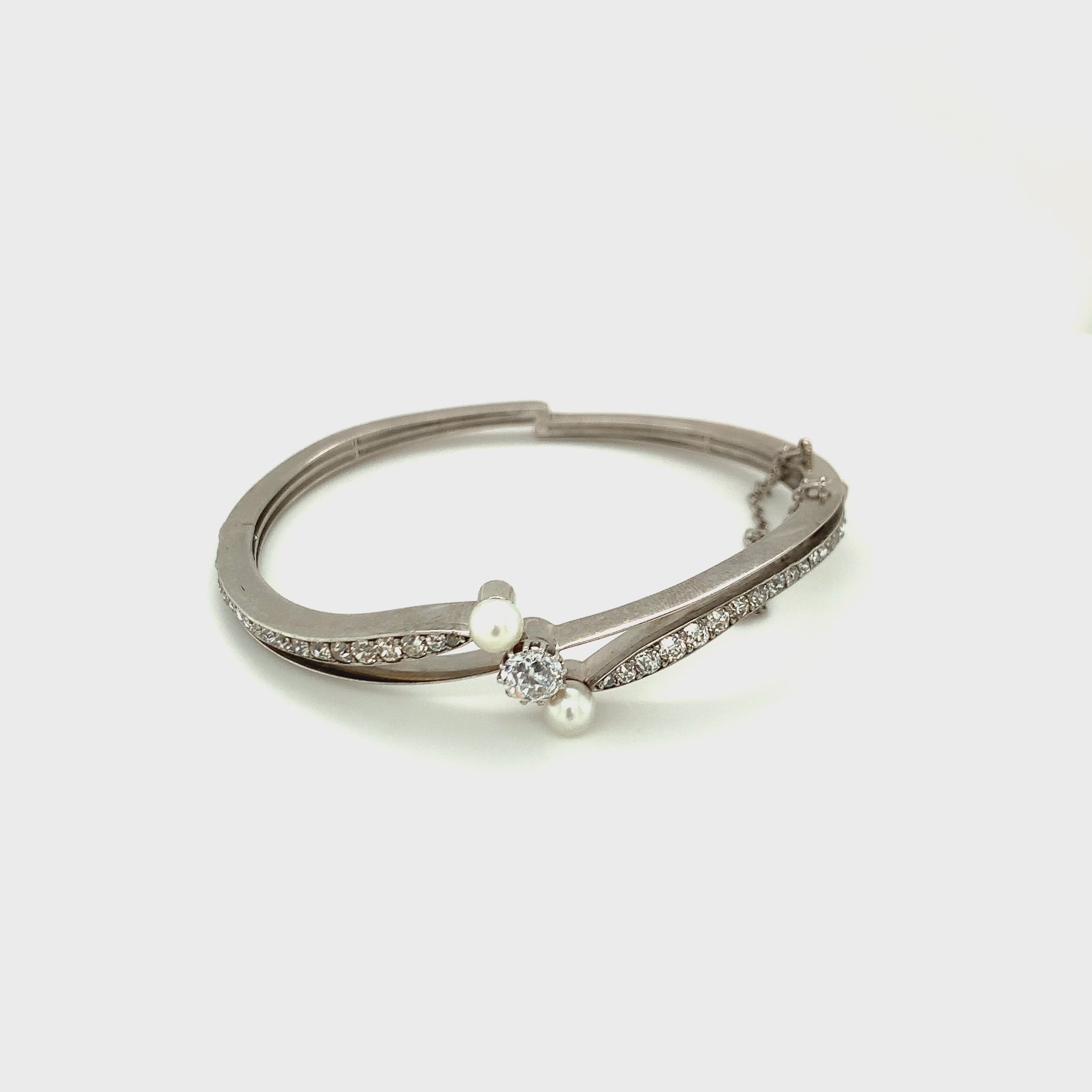 Antique 14K White Gold Diamond and Pearl Bangle Bracelet, Early 20th Century