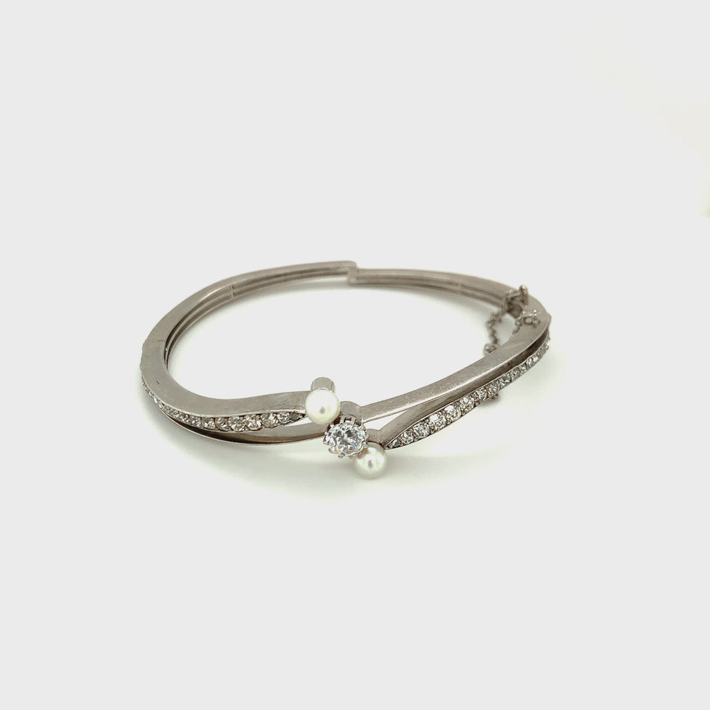 Antique 14K White Gold Diamond and Pearl Bangle Bracelet, Early 20th Century
