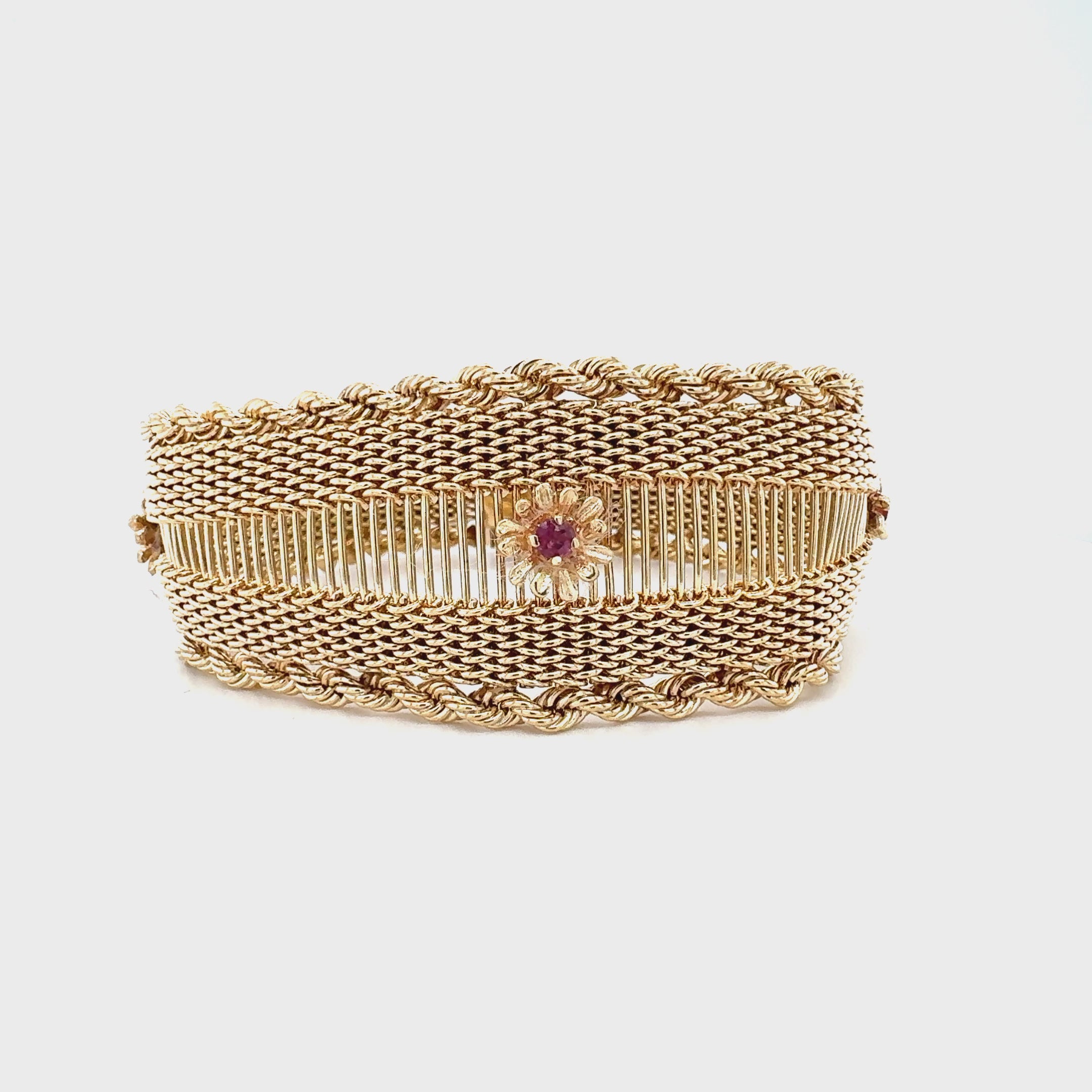 Woven Mesh Strap Bracelet with Garnets in 14K Gold, circa 1960s