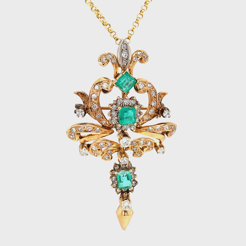 Victorian 1890s Emerald and Diamond Dangle Pendant, 18K Gold