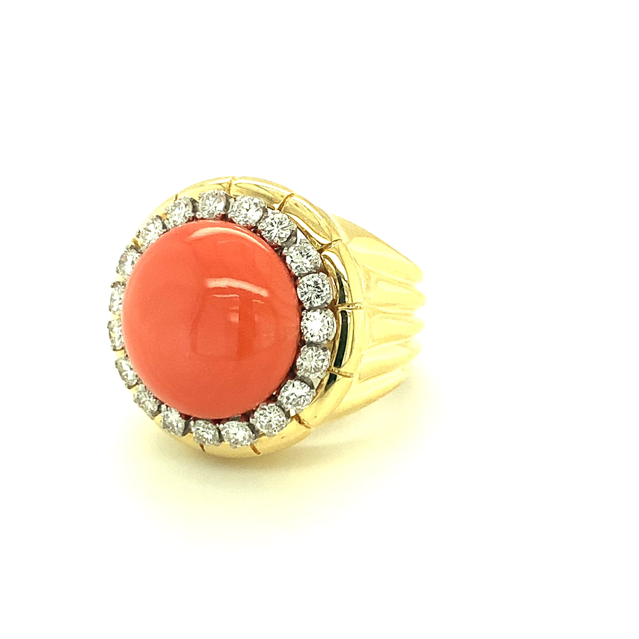 Deep Pink Coral and Diamond Ring, 18K Yellow Gold, Circa 1970s