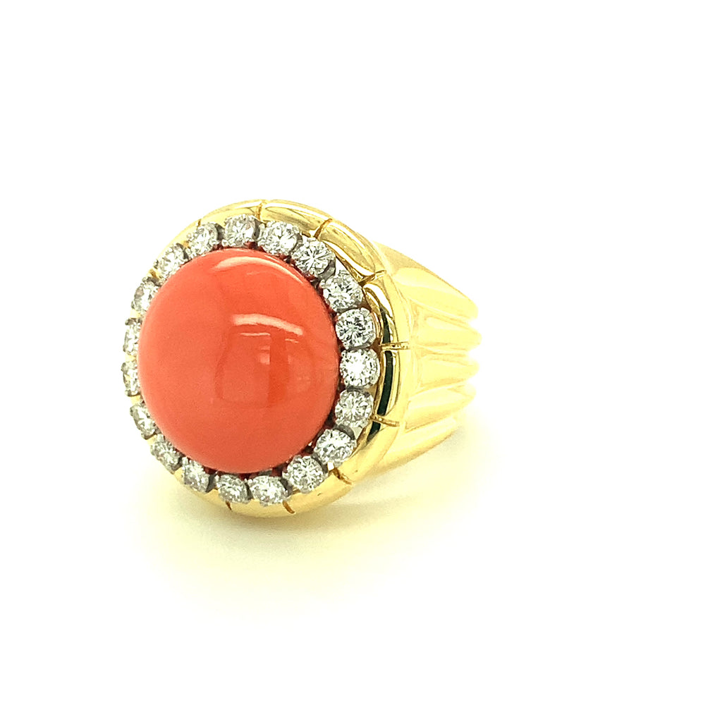 Deep Pink Coral and Diamond Ring, 18K Yellow Gold, Circa 1970s