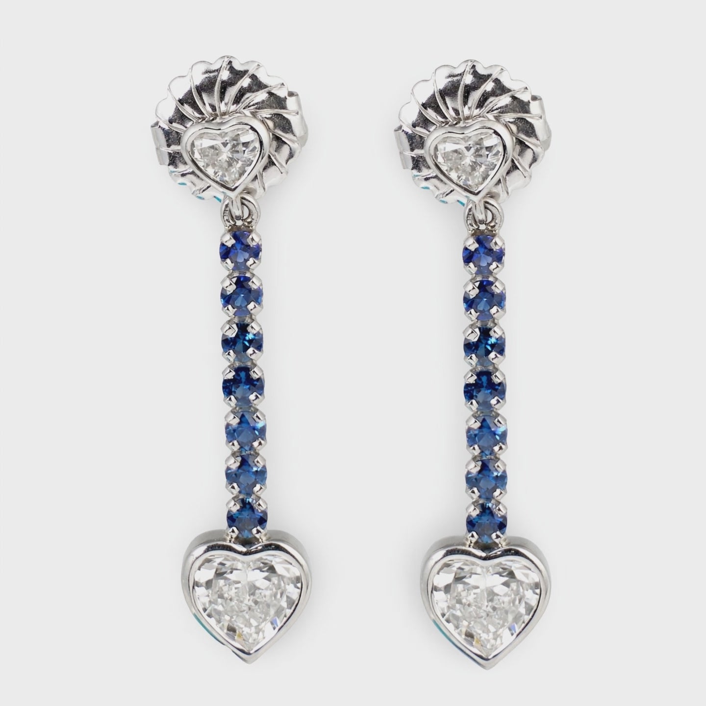 Heart Diamond and Sapphire Dangling Platinum Earrings