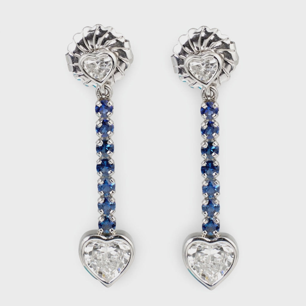 Heart Diamond and Sapphire Dangling Platinum Earrings