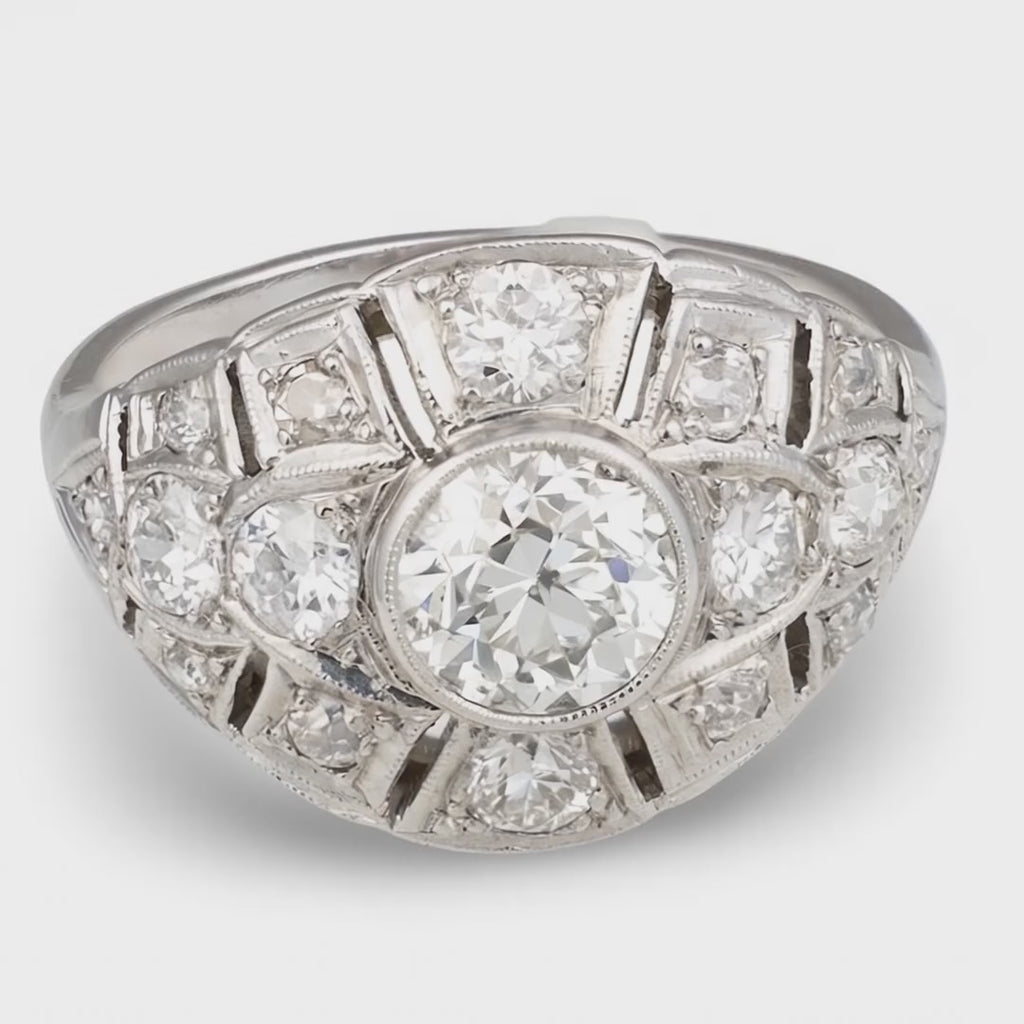 Art Deco Diamond Bombe Ring in Platinum, Old European Cut, Circa 1920s