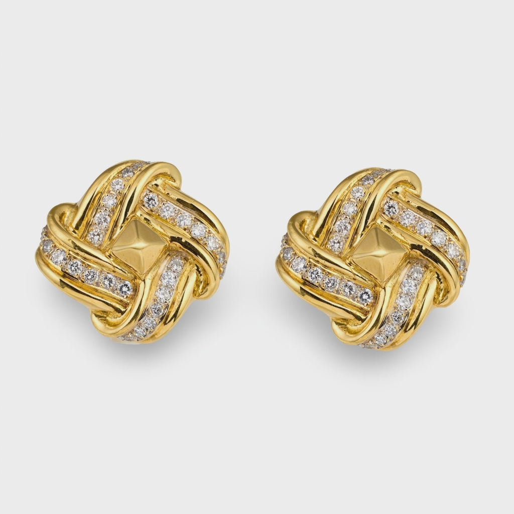 1960s Diamond Knot Earclips, 2.25 Carats, 18K Yellow Gold