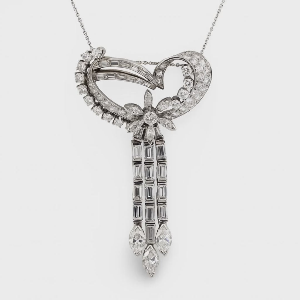 Diamond Platinum Pendant, Abstract Open Heart Motif, Circa 1950s