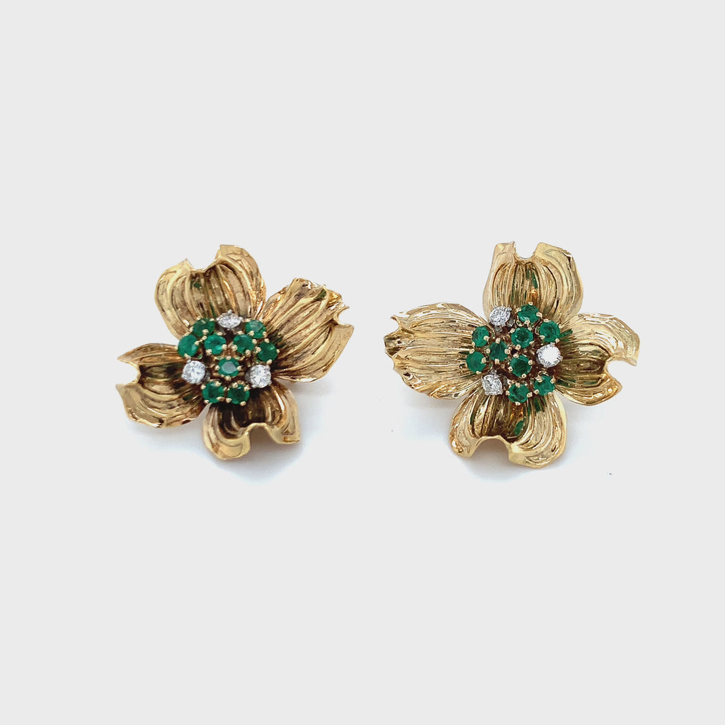 Emerald and Diamond Flower 18k Yellow Gold Earclips, circa 1960s
