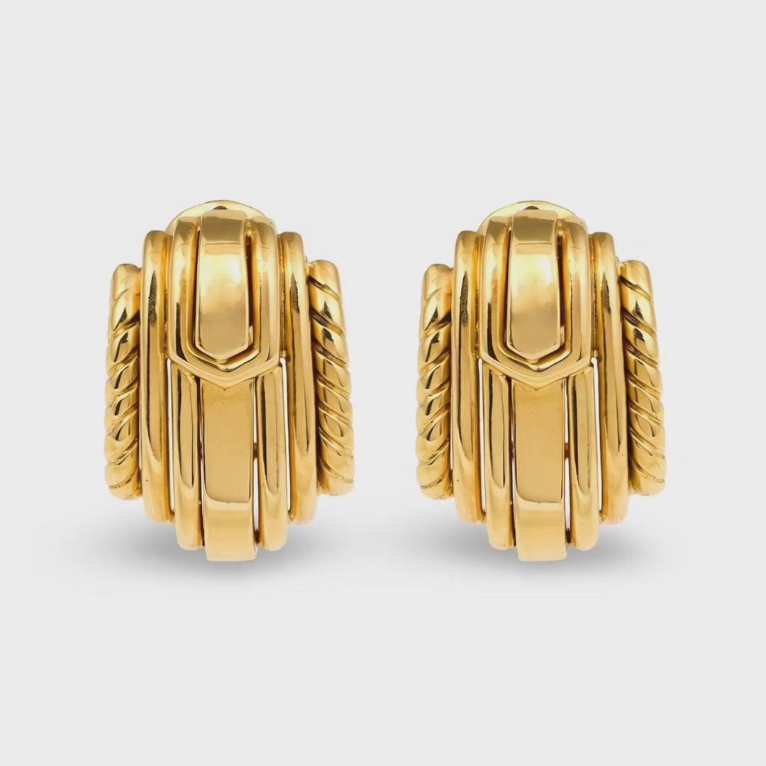 David Webb Stepped Fan Motif 18K Gold Earclips, circa 1970s