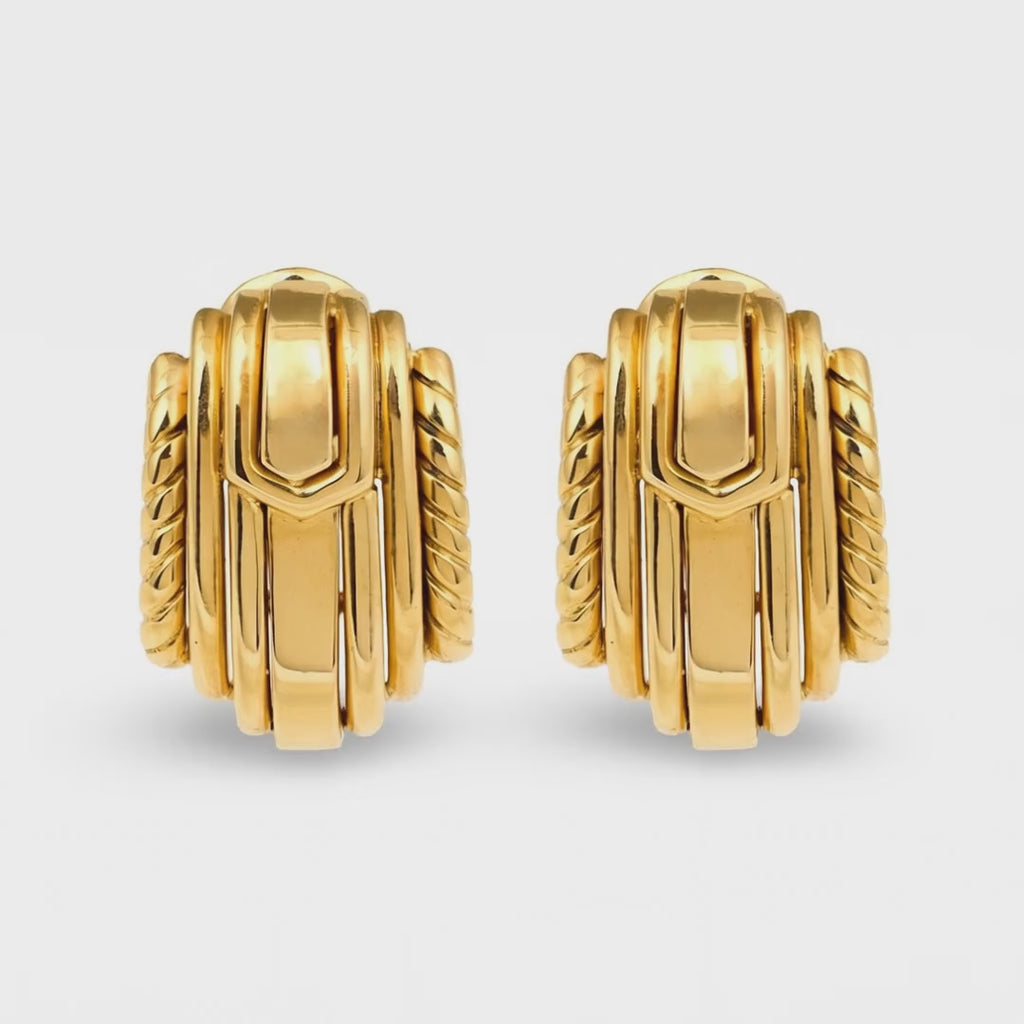 David Webb Stepped Fan Motif 18K Gold Earclips, circa 1970s