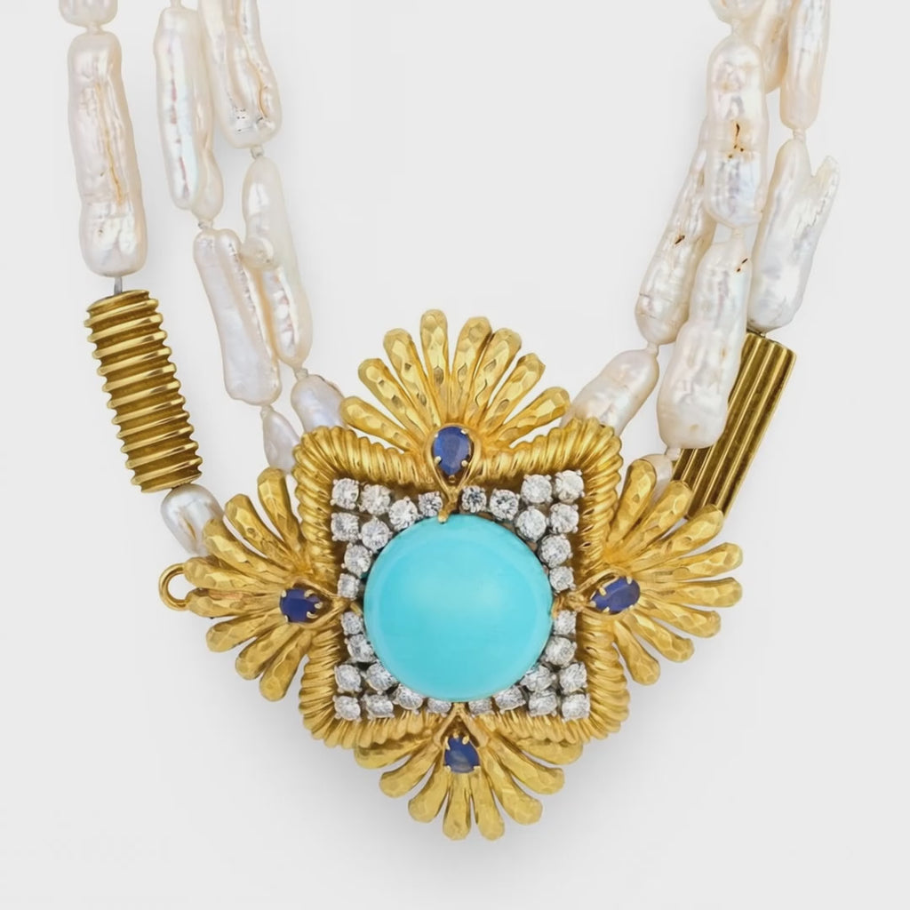 Turquoise, Diamond, Sapphire and Baroque Pearl 18K Gold Pendant/Brooch Necklace,
