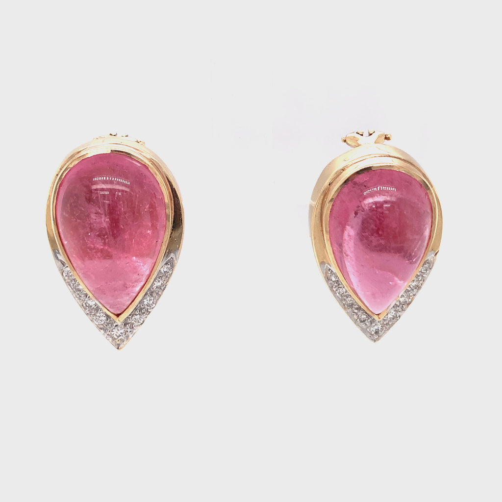 1970s Pink Tourmaline and 0.55ct Diamond Earrings, 40 Carats, 14K Gold
