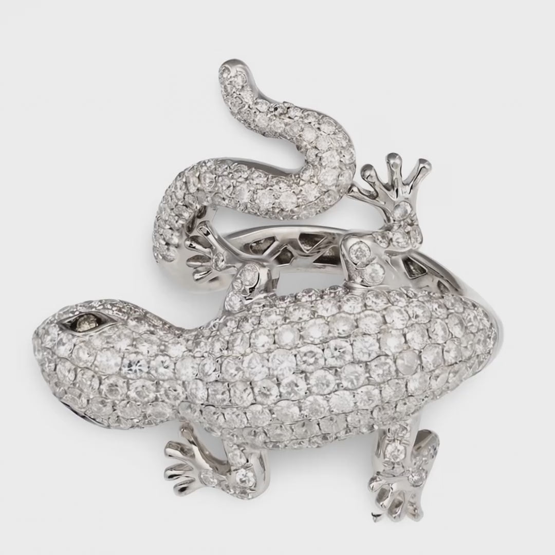 Vintage 1970s Diamond Pave Salamander Ring, 2.82ct, 18K White Gold, Figural Lizard