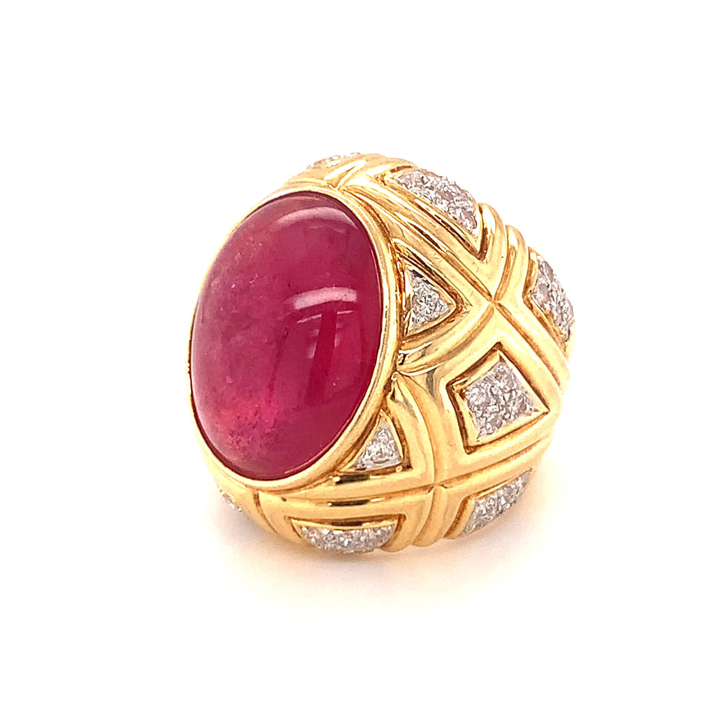Pink Tourmaline and Diamond 18k Yellow Gold Dome Ring, circa 1970s