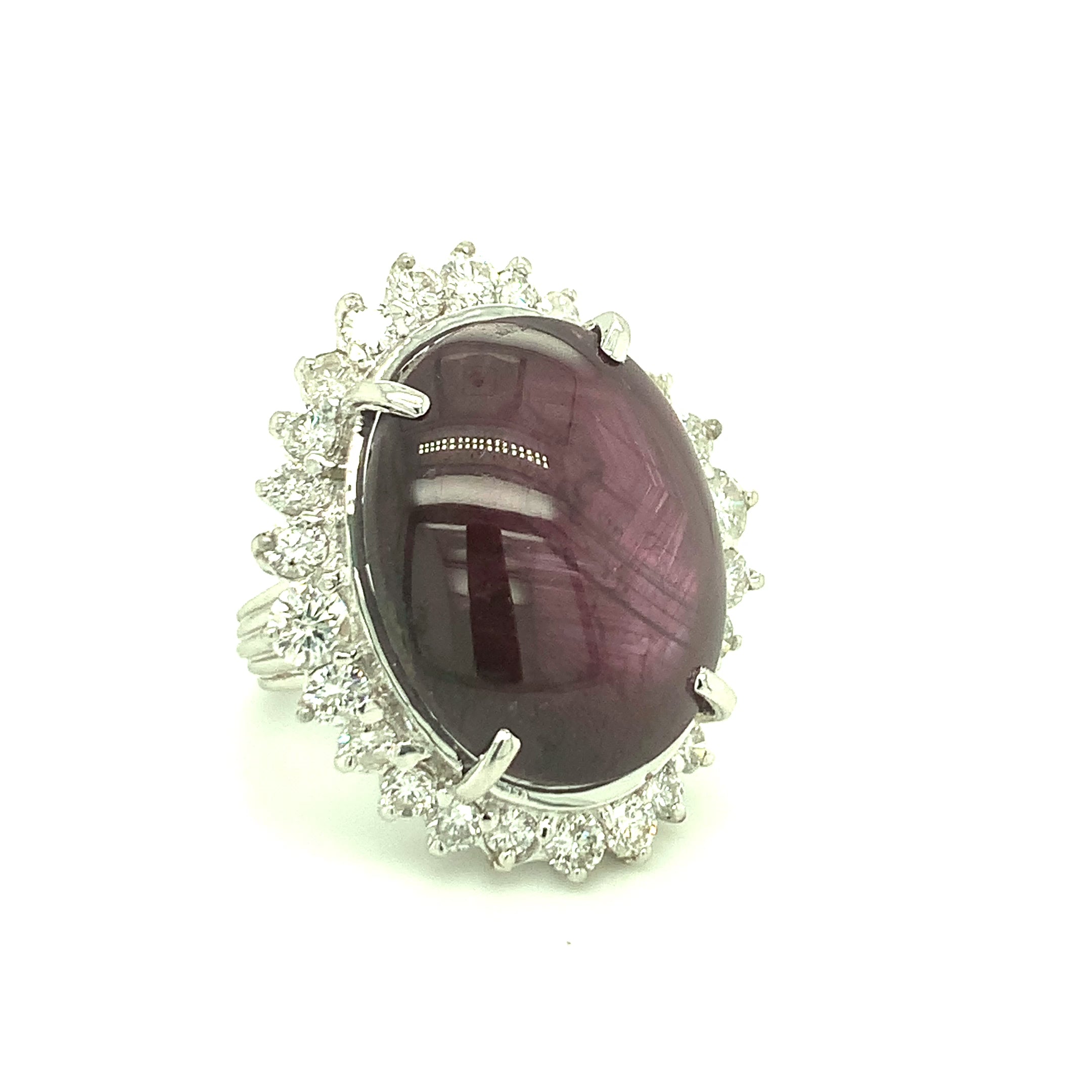 Mid-Century Star Ruby and Diamond 18k White Gold Cocktail Ring, circa 1950s