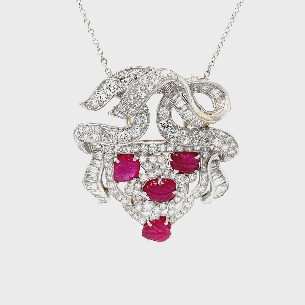 Art Deco Carved Burmese Ruby and Diamond Platinum Convertible Pendant, Circa 192