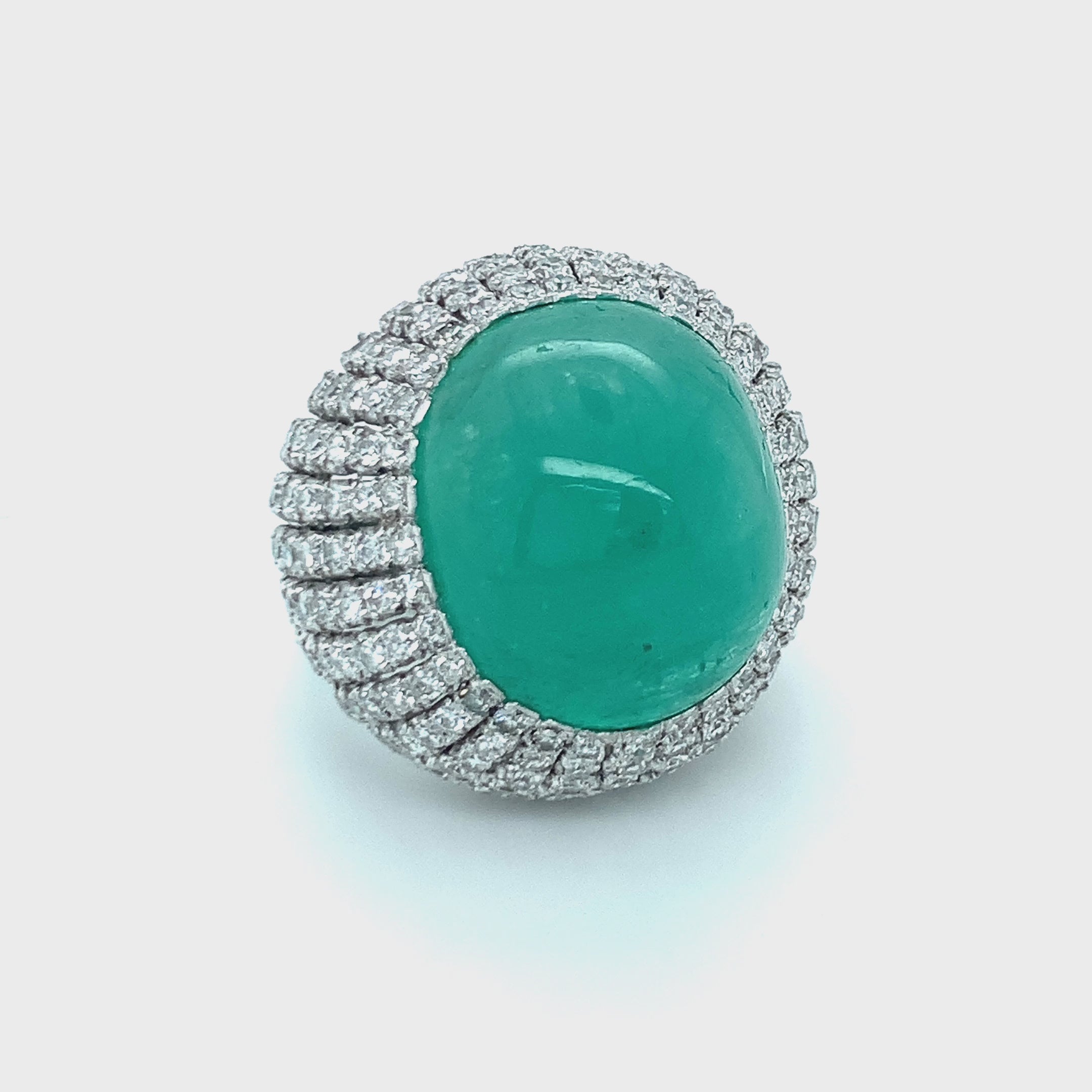 Mid-Century Cabochon 30.0ct Emerald and 3.78ct Diamond Bombé Ring in 14K White Gold, Circa 1950s