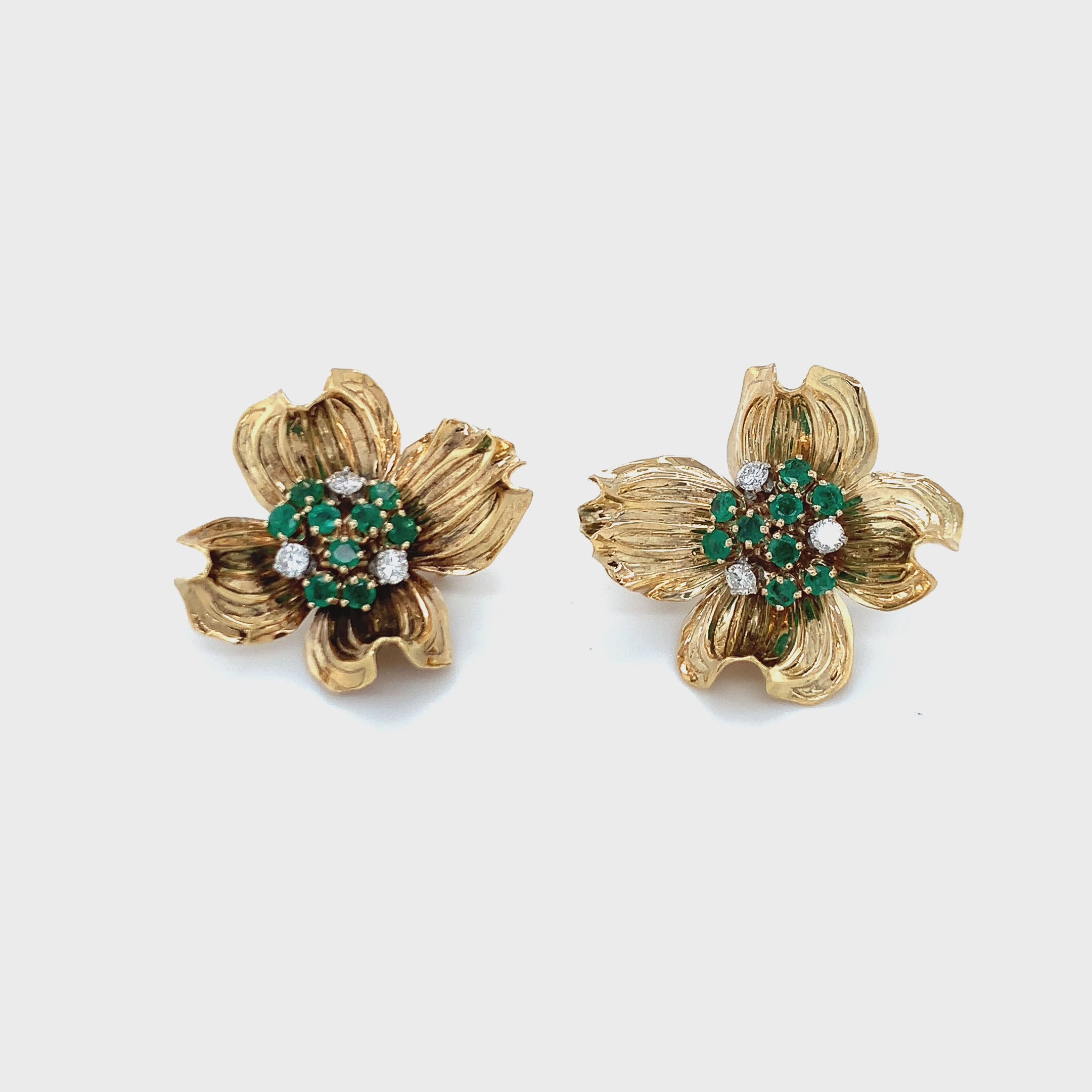 0.8ct Emerald and 0.4ct Diamond Dogwood Flower Earclips, circa 1960s