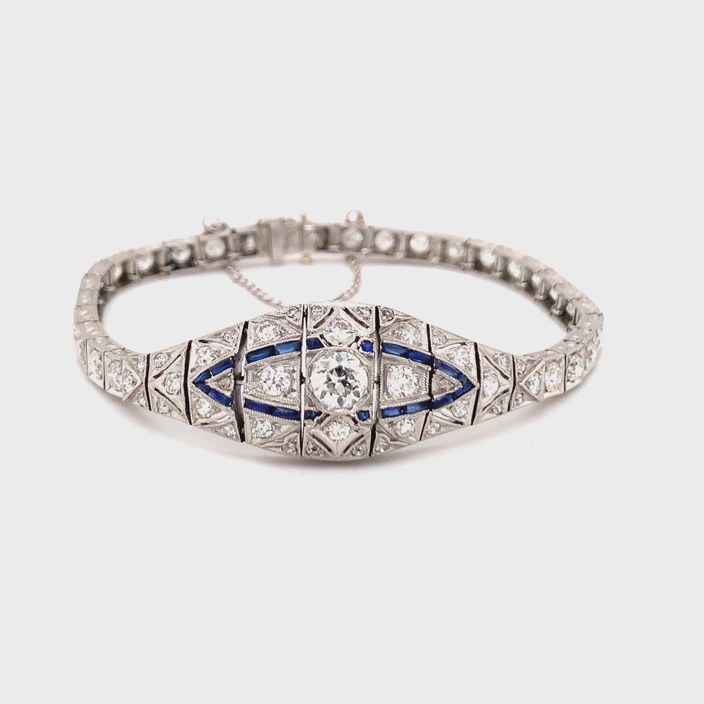 Art Deco Diamond & Sapphire Platinum Line Bracelet, 6.45ct, Circa 1920s