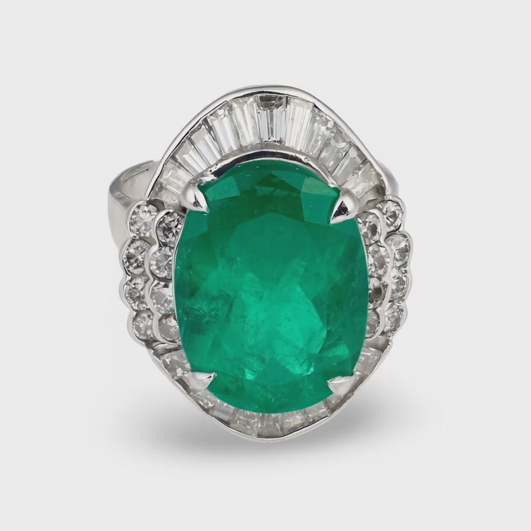 Art Deco Emerald & Diamond Platinum Ring, 15ct Oval Emerald, Circa 1930s