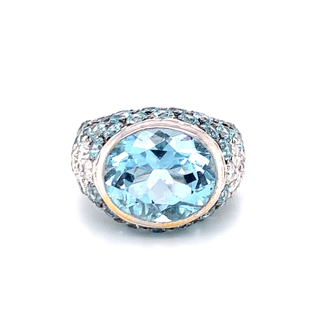 Vintage 8.5ct Aquamarine, 9.0ct Blue Zircon and Diamond 18K White Gold Cocktail Ring, Circa 1970s