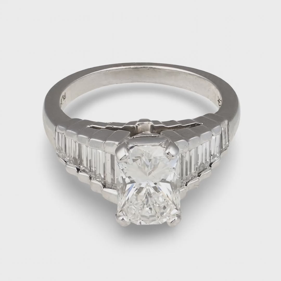 GIA Certified 1.79ct Radiant Diamond Platinum Ring, Tiered Baguettes